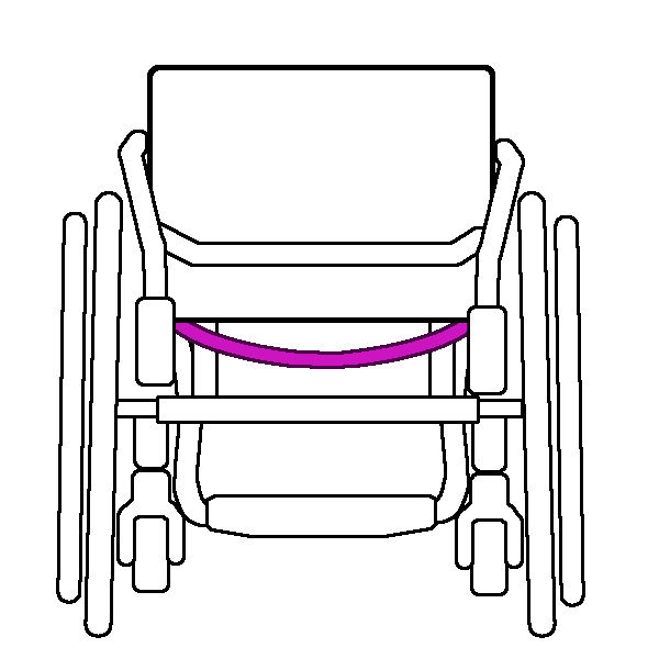 A black and white rigid wheelchair from behind with a bright pink release cord.